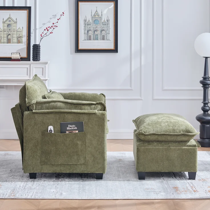LVHOM Einzelsofa mit Ottomane, Chenille Chaiselongue Sessel mit Seitentasche, Relaxsessel Fernsehsessel Ohrensessel mit Hocker, Olive – Bild 10