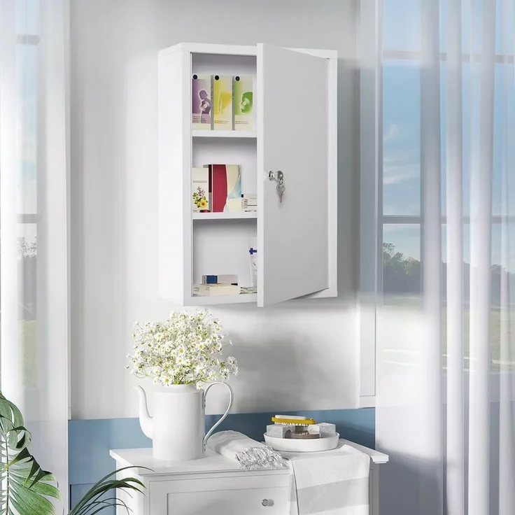 Kleankin Medizinschrank Erste-Hilfe-Schrank mit Schloss 3 Fächer (Medikamenteschrank, 1-St, Arzneischrank) Stahl Weiß 40 x 18 x 60 cm