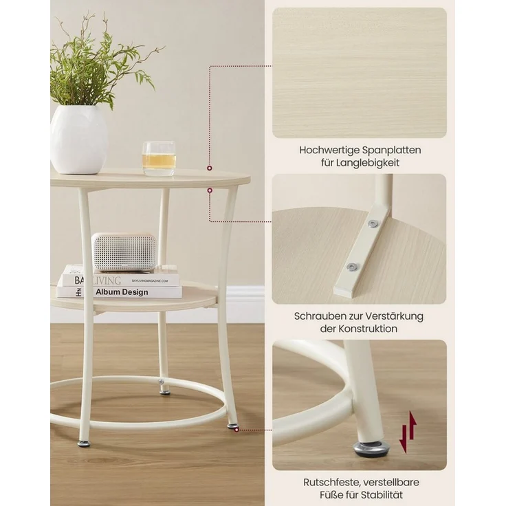 VASAGLE Beistelltisch rund mit 2 Ablagen, Industrie-Design, Holz / Stahl Naturbeige, ⌀ 55 x 55 cm – Bild 3