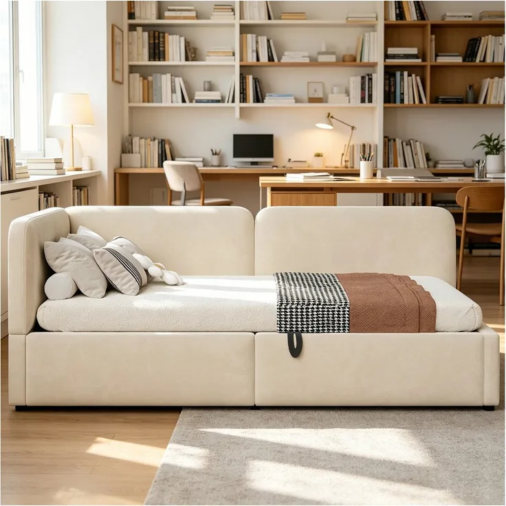 STILVORA Polsterbett 90×200 mit Stauraum, Beige, Schlafsofa mit hydraulischem Bettkasten, wendbarem Kopfteil und hoher Rückenlehne
