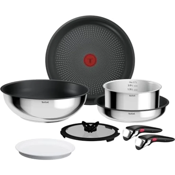 Tefal Ingenio Comfort Max 8-tlg. Kochgeschirr-Set, Titanium Antihaftversiegelung, stapelbar, platzsparend, Thermo-Signal, für alle Herdarten, sicherer Griff, mühelose Reinigung, Edelstahl, L966S844 – Bild 1