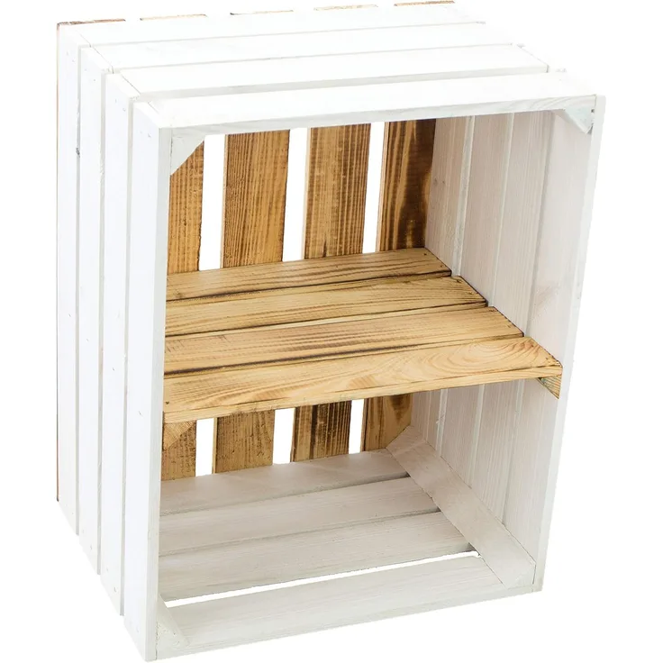 flambierte/geflammte Bücherregal - Schuhregalkiste mit Zwischenbrett/Mittelbrett Einlage ca 50 x 40 x 30 cm / Apfelkisten Weinkisten Holzkisten aus dem Alten Land (Weiss FLAM Boden FLAM QUER)