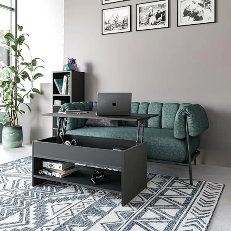 KOMTO Couchtisch Höhenverstellbar Wohnzimmertisch mit Stauraum Aufklappbar Sofatisch (Kaffeetisch Stubentisch, Spanplatte, Coffee Table Tokyo 98,4 x 50,4 x 48 cm) – Bild 5