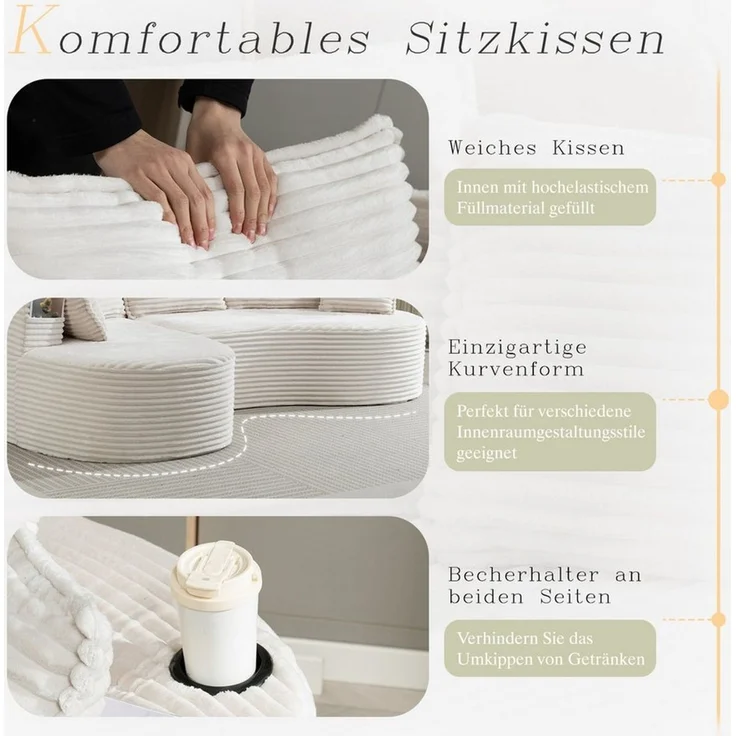 Celya Sofa Bogesofa Cord mit Becherhalter und Stauraum, mit Becherhalter und Stautasche. Inkl. Kissen – Bild 3