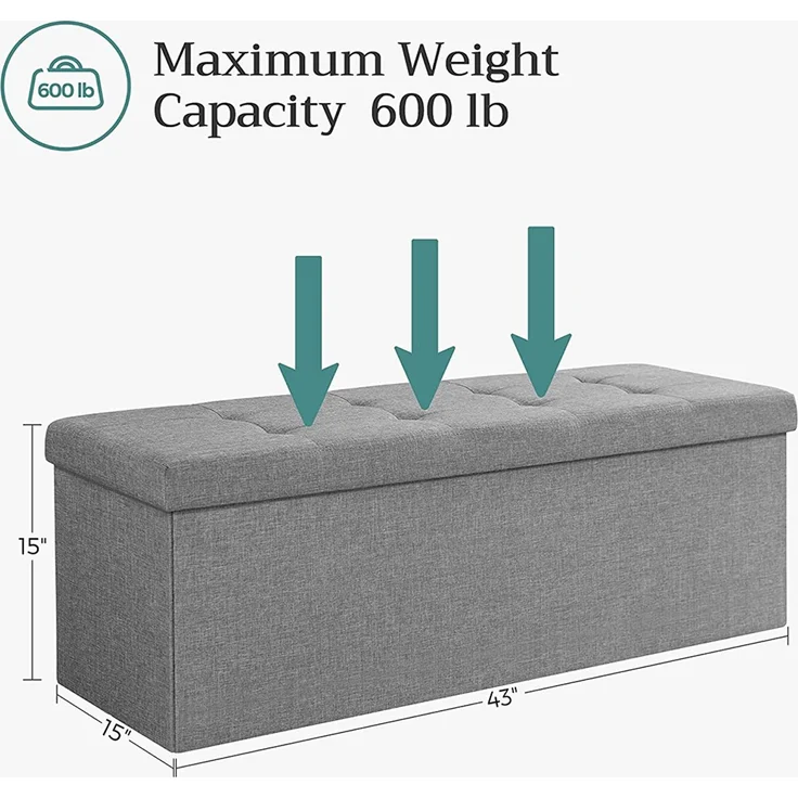 Sitzbank, 110 cm lang, Sitztruhe mit 120 L Stauraum, belastbar bis 300 kg, aus Leinen, hellgrau LSF77G – Bild 6