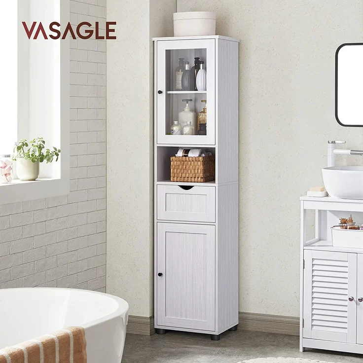 VASAGLE Badezimmerschrank, Badschrank, Hochschrank, offenes Fach, Glastür, schmal Badezimmermöbel, Badmöbel mit Füßen, höhenverstellbare Ablagen, 40x30x165 cm, hellgrau mit Holzmaserung BBK163T44 – Bild 2