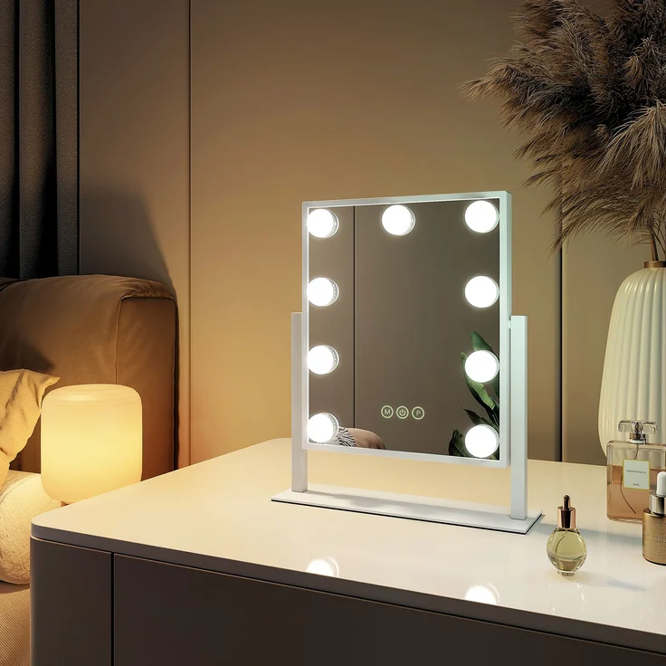EMKE Hollywood Spiegel Schminkspiegel mit Beleuchtung 9 Dimmbaren LED-Leuchtmitteln 360° Drehbar Kosmetikspiegel mit 3 Lichtfarben 7× Vergrößerung Touch-Steurung,Weiß,25×30cm – Bild 6