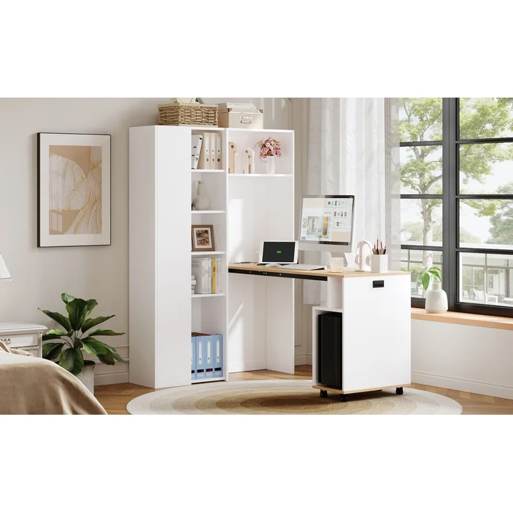 ZUBALIYA Klappbarer Schreibtisch mit Ablagen –2-in-1-Bücherregal und Schreibtisch, klappbar, mit Steckdose und USB-Anschluss, höhenverstellbare Ablagen, Kippschutz, weiß-Schreibtisch,Eck-Schreibtisch –links – Bild 22