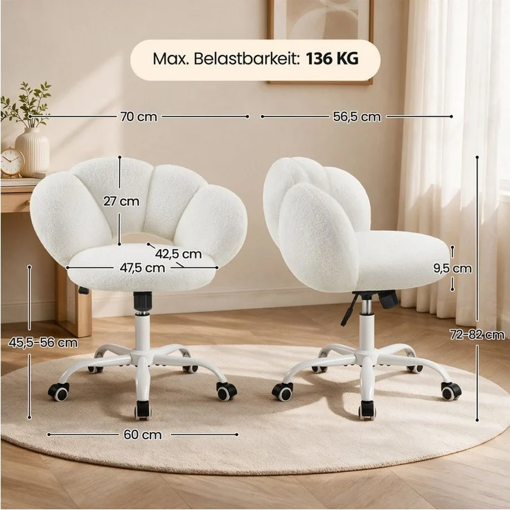 Yaheetech Bürostuhl, höhenverstellbar, Wolkenform, bis 136 kg belastbar, Weiß, 82 x 70 x 60 cm – Bild 4