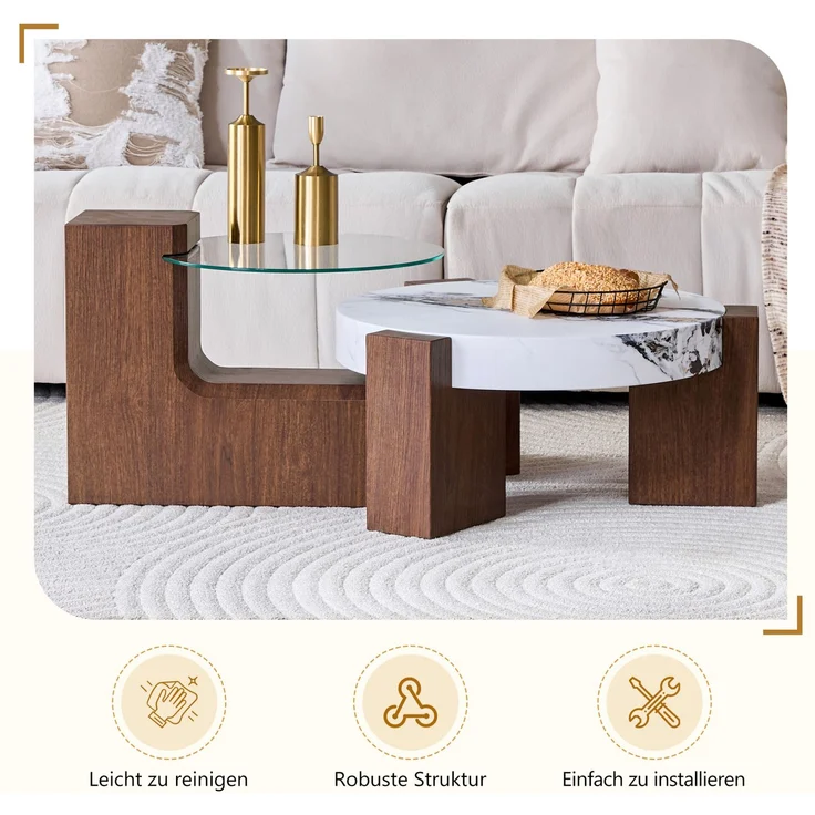 DESVIAE Couchtisch-Set 2-tlg. mit Sicherheitsglas Ø 61 cm, H 30 cm MDF in Nussbaum- und weißer Marmoroptik, 61 x 61 x 30 cm – Bild 5