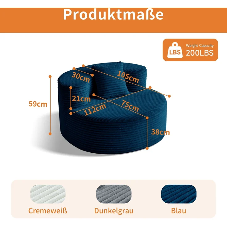 Großer Cord-Sitzsack-Sessel mit Zierkissen, weich gepolsterter Loungesitz 112 cm ohne Montage für Wohn- und Schlafzimmer, Blau – Bild 2
