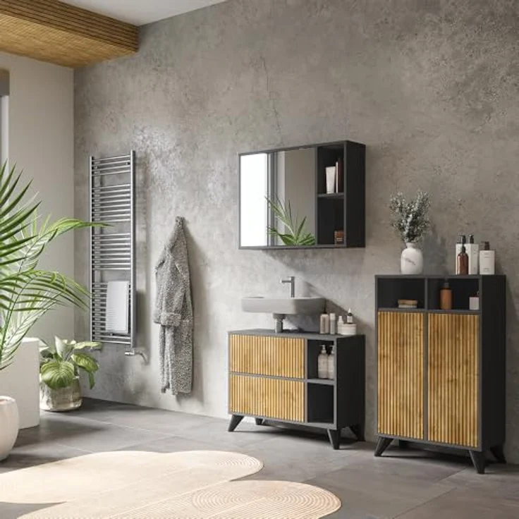 Vichy Badmöbel-Set Leano, Waschbeckenunterschrank und Spiegelschrank, Anthrazit/Bergeiche, 80 cm, Set 2 – Bild 4