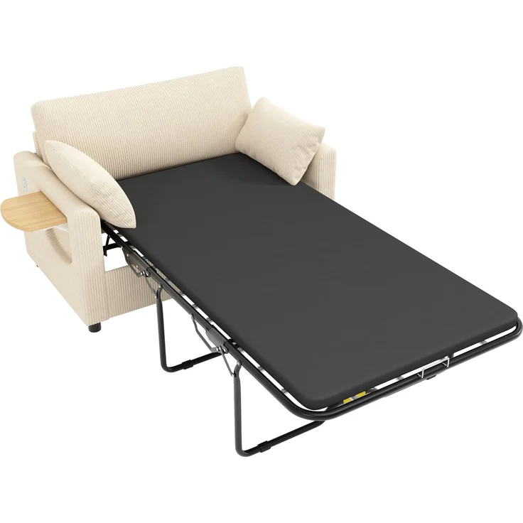 Schlafsofa 134/223x82x84 cm in Beige, Cord mit Schlaffunktion, Matratze, USB/USB-C und klappbarem Seitentisch – Bild 6