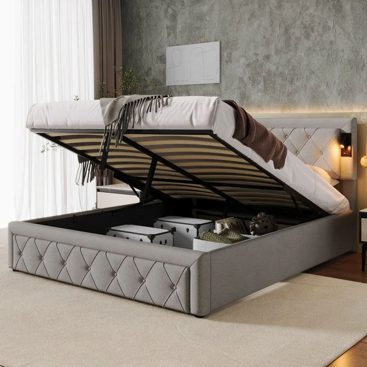 Polsterbett mit LED-Beleuchtung und Lattenrost, Kopfteil mit Spots, Type-C und USB Anschlüssen, 160x200 cm, gepolsterter Kopfteil, Doppelbett, Stauraumbett, Leinen – Bild 4