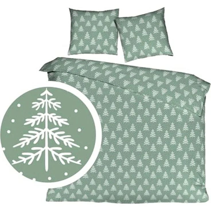 mistral home Bettwäsche 135x200cm Tannenbaum Schneeflocke Mint Grün, Flanell, 2 teilig, mit Tannenbaum-Design und Sternflocken – Bild 2