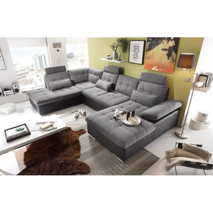 Couch Wohnlandschaft Schlaffunktion Schlafsofa schwarz grau hell Ottomane links