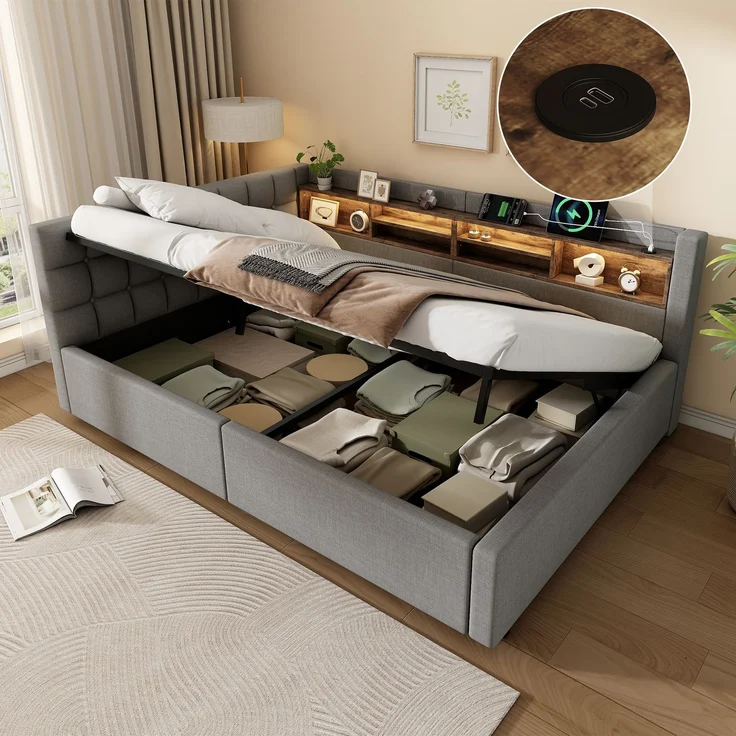 Daybett, Tagesbett, Schlafsofa,140x200 cm, Ohne Matratze, Hydraulische Lagerung, mit dimmbarer LED-Leiste, mit praktischem Regal, mit USB-Anschluss,Grau – Bild 2