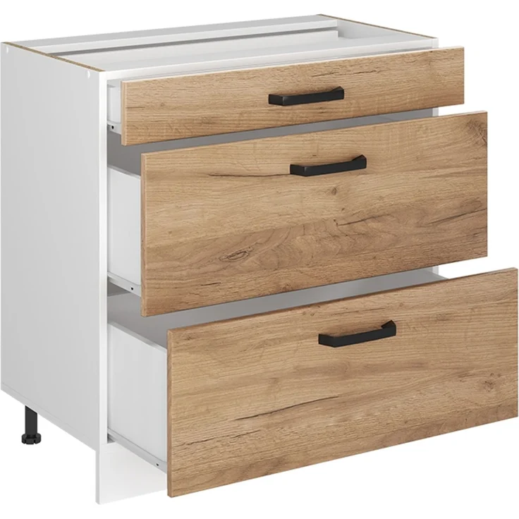 Küchenunterschrank R-Line Goldkraft Eiche/Weiß 80 cm mit 3 Schubladen Arbeitsplatte Marmor Vicco – Bild 5
