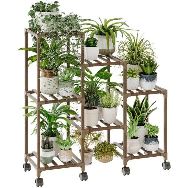 Bamworld Blumenständer Pflanzenständer Pflanzenregal für Innen und Außen mit 7 Ebenen (1 St, mit Rädern), für Terrasse, Balkon, Garten – Geschenke für Gartenliebhaber – Bild 4