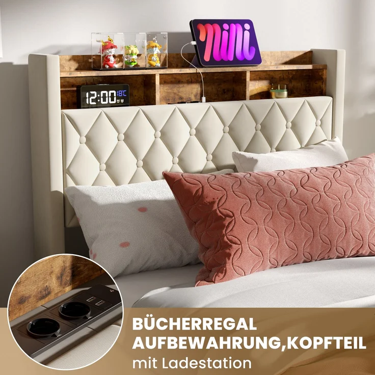 Polsterbett aus Samt mit hochelastischer Polsterung & Lattenrost, ohne Matratze, 140x200 cm, Beige – Bild 5
