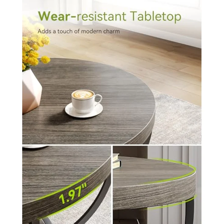 LITTLE TREE Runder Couchtisch, 81,3 cm, runder Couchtisch für Wohnzimmer, Mitteltisch aus Holz mit 2 Ebenen, mit offenem Stauraum, Wohnmöbel im industriellen Design (braun und schwarz) – Bild 6