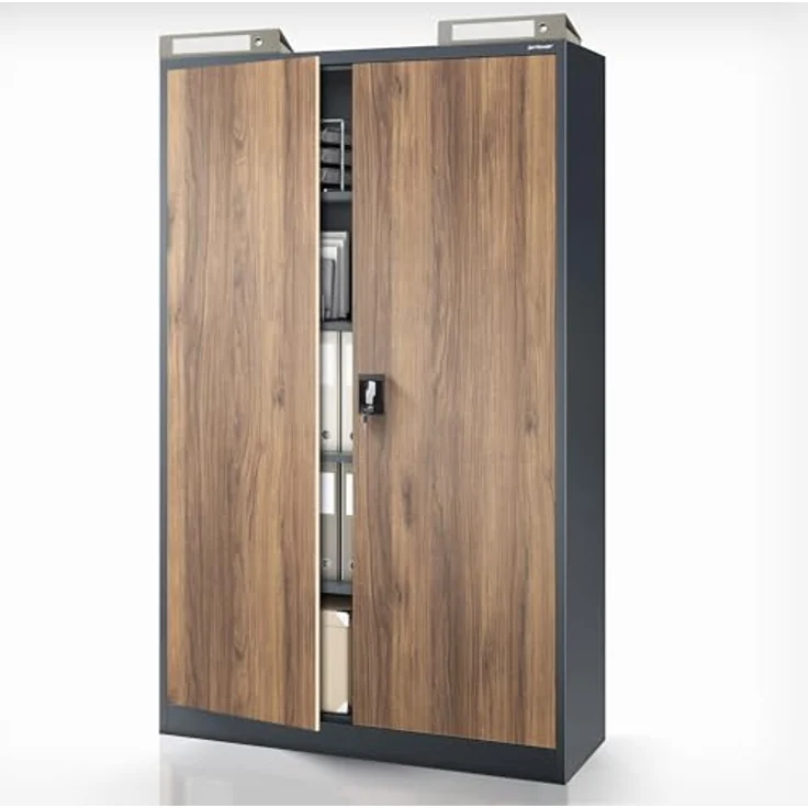 Jan Nowak Aktenschrank Metall 185 x 115 x 40 cm Büroschrank abschließbar Stahlschrank mit 4 verstellbaren Einlegeböden Dokumentenschrank Antrazit Nussbaum – Bild 13