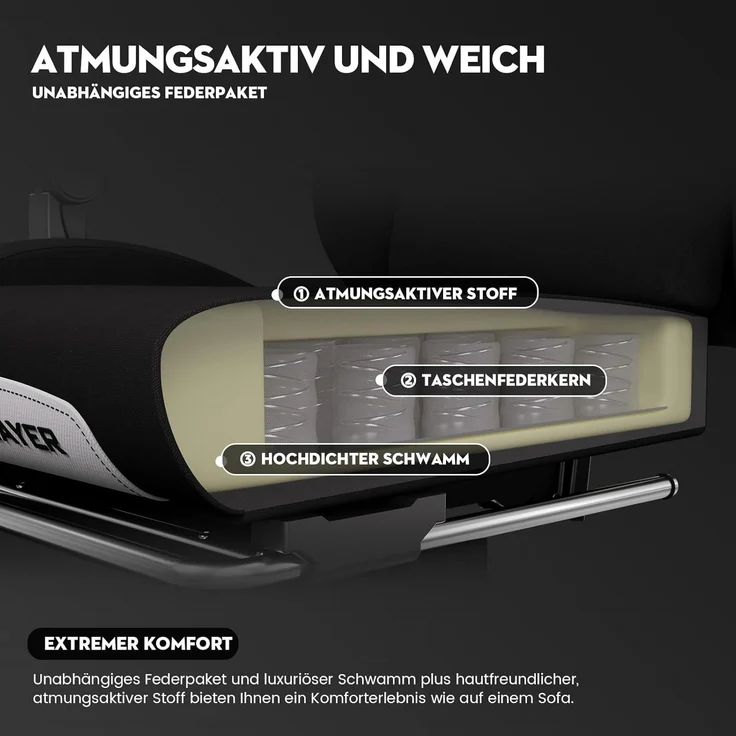 GTPLAYER Gaming-Stuhl Ergonomischer Gaming Sessel Schreibtischstuhl Gamer Stuhl aus Stoff, Federsitzkissen mit Fußstütze – Bild 5