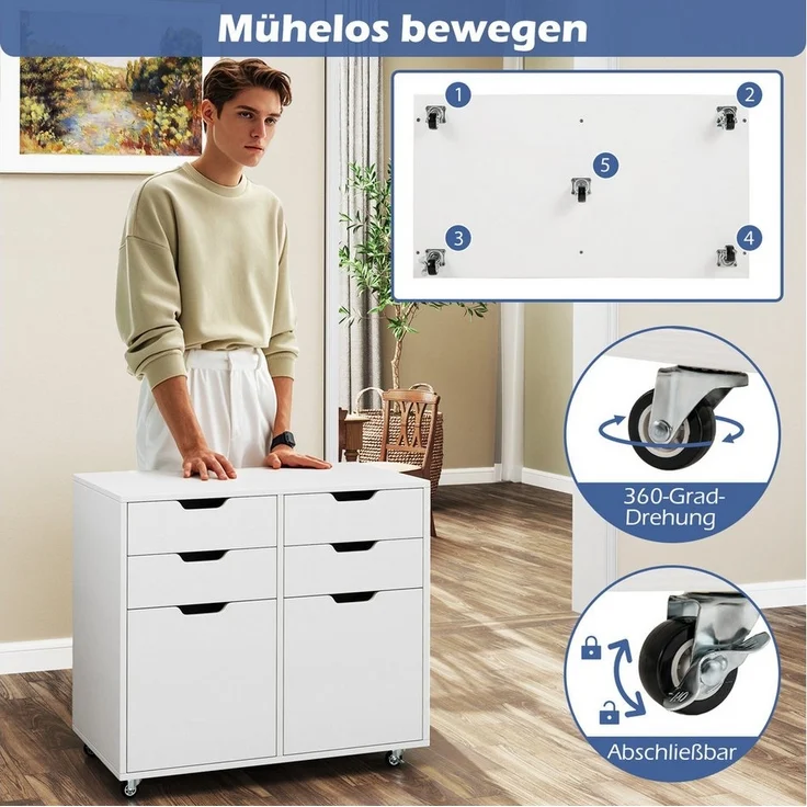 COSTWAY Rollcontainer, mit 4 Schubladen, 2 Türen, Büroschrank mit Rollen – Bild 2