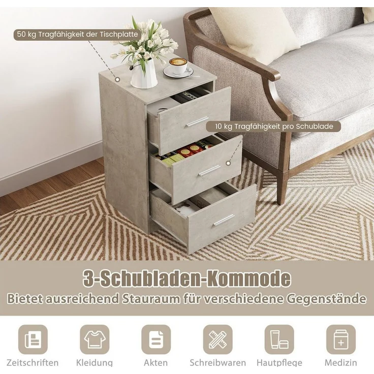 COSTWAY Nachttisch (1-St), mit 3 Schubladen, Büroschrank Beistelltisch 37x34x66,5cm – Bild 2
