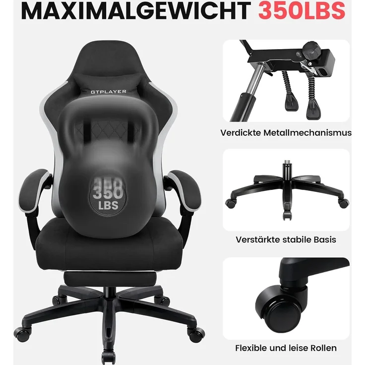 GTPLAYER Gaming Stuhl Stoff, Gaming Sessel mit Taschenfederkissen, ergonomischer Drehstuhl, Gamer Stuhl mit Fußstütze150 kg Belastbarkeit, schwarz – Bild 9