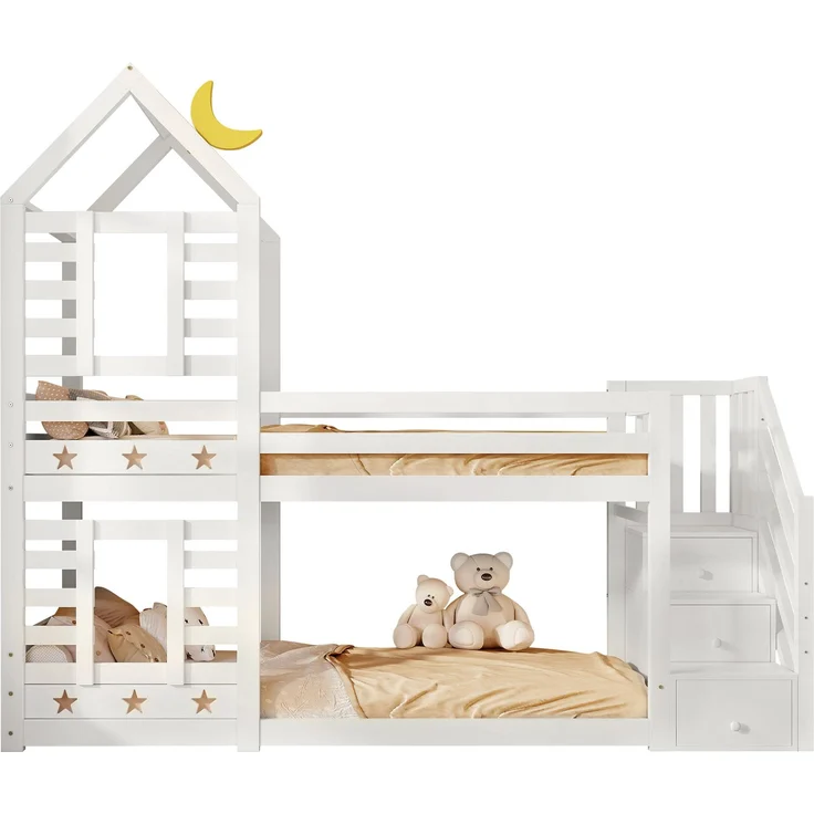 Etagenbett 90x200 cm mit Treppe und Stauraum, Sterne & Monde Design, Hausrahmen, Kiefer-Massivholz, Weiß, Kinderbett – Bild 8