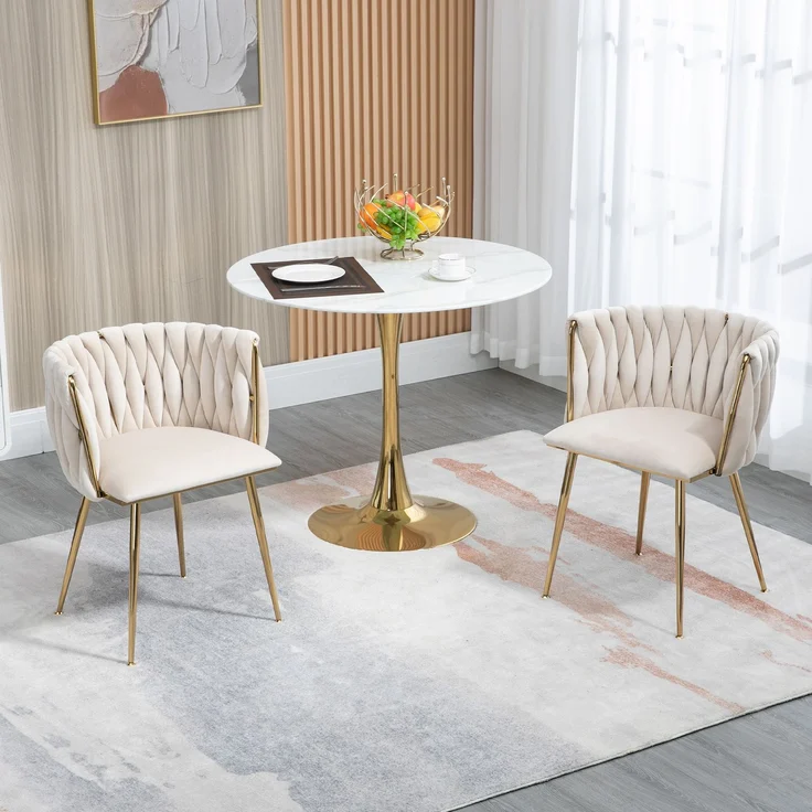Elegantes 2er-Set Samt-Esszimmerstühle mit goldenen Metallbeinen und handgewebtem Design in Ivory – Bild 1
