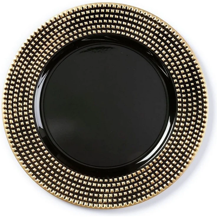 Holly & Jolly Dekoteller, Dekoteller Kunststoff mit Nieten am Rand 33cm schwarz / Gold – Bild 2