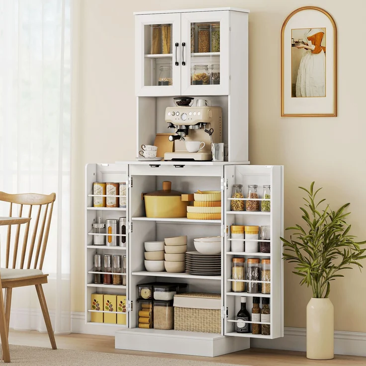Wohnora-Küchenschrank, verstellbares Regal, Arbeitsplatte, Acryltüren, Kabelloch, für Wohnzimmer, Küche, Esszimmer, MDF, Weiß,H 1800cm x T 600cm x B 395cm – Bild 2