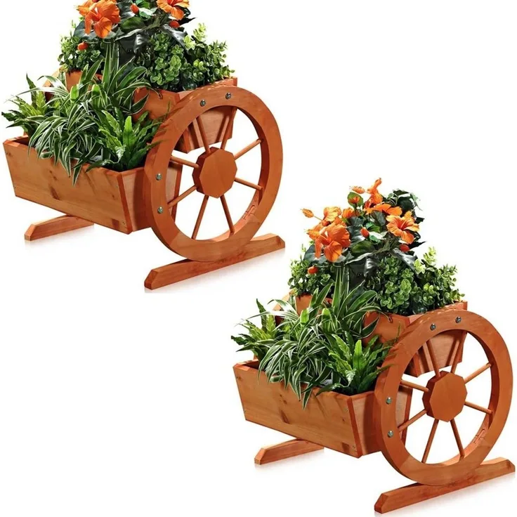 Melko Pflanzkübel Pflanzkübel 2 Stück Wagenräder Holz Garten Blumentrog Dekoration (Set, 2 St, Pflanzkübel), Wasserrad Optik mit individuelle Holzmaserung