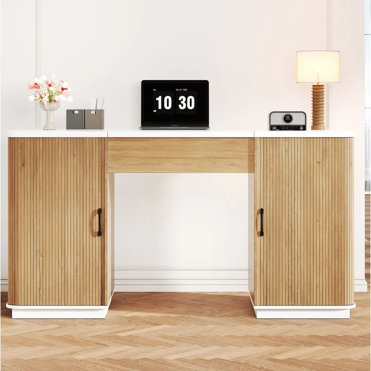 Höhenverstellbarer Schreibtisch mit Stauraum, 140x50x78/92 cm, Weiß/Eichenoptik – Bild 4