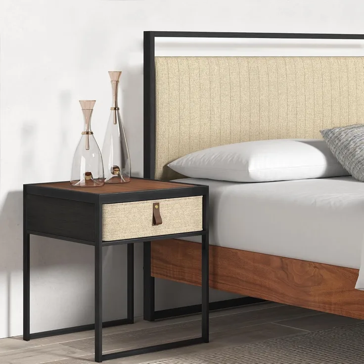 Zinus Ilsang Nachttisch 45 x 43 x 52 cm - Metall und Holz Beistelltisch - Taupe Stoff Schublade - Braun und Schwarz
