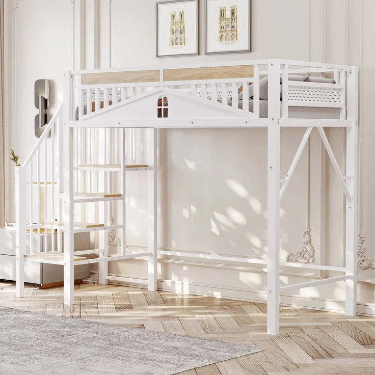 EINHOM Metall-Hochbett 90 x 200 cm, Einzigartige Sicherheitsumrandung mit Fenster, mit Sicherheitsleiter, Genügend Platz unter dem Bett für Freien Stoffbezug, Weiß (Ohne Matratze) – Bild 5