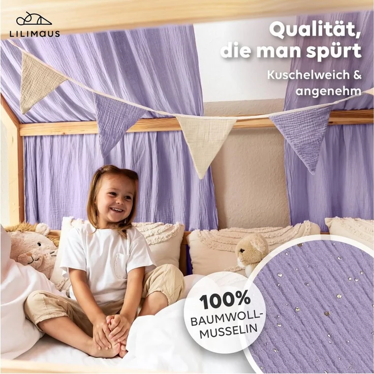 lilimaus Betthimmel Hausbett Himmel Gold aus 100% Musselin Baumwolle - 12 Farben (1-tlg), Musselin Hausbett Himmel mit Goldsternen, handgenäht – Bild 2