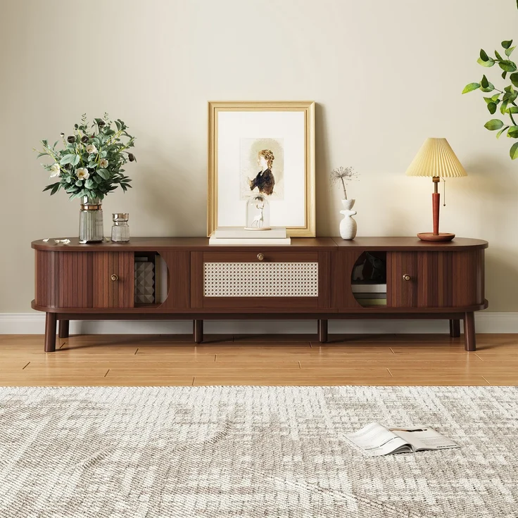 TV-Schrank Holz mit Rattanschubladen, Massivholztüren, Schiebetür, stabiles Design,Walnuss – Bild 6