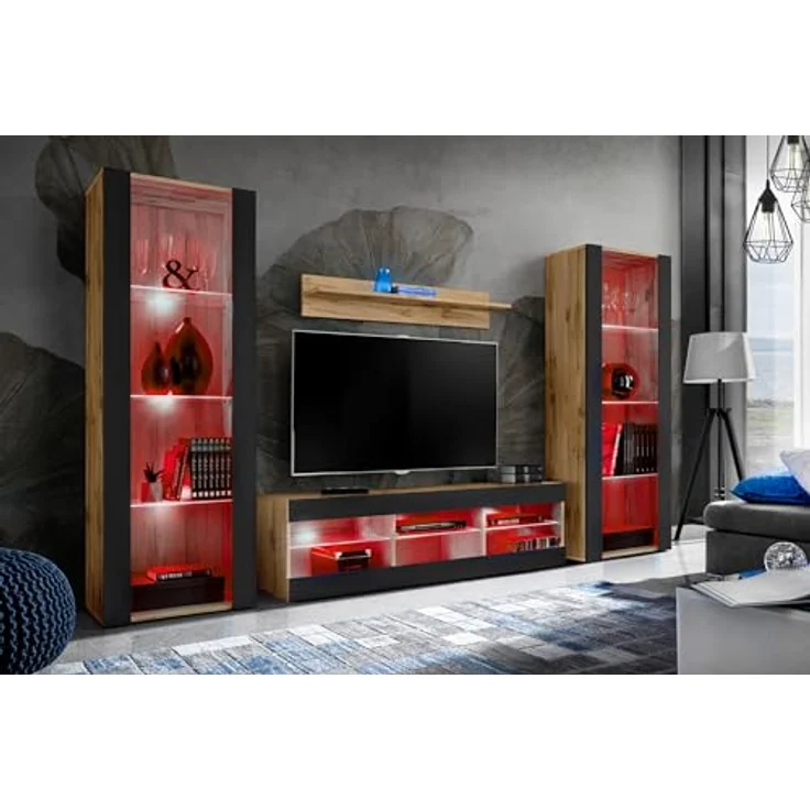 Komodee Wohnzimmerset Tivoli Grande, Eiche Wotan und Schwarz, 9 Fächer, Rechteckig, 250x159x35 cm, Holzwerkstoff, Anbauwand – Bild 1