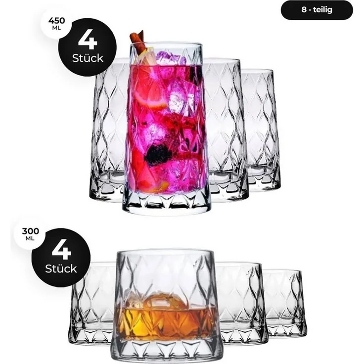Pasabahce Gläser-Set Leafy Gläser Set – 4x Longdrinkgläser + 4x Whiskyglas, 4-tlg, Glas, 8-tlg. Set, zwei unterschiedliche Größen in einem Set