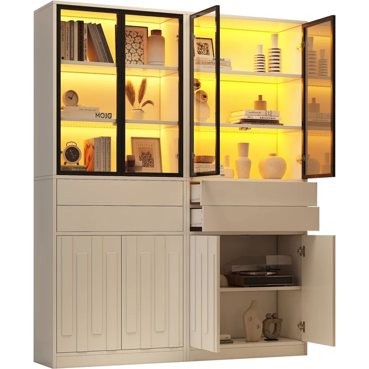 Vitrinen-Set 140 x 34 x 180 cm in Weiß mit Glastüren, Schubladen und LED-Beleuchtung – Bild 6