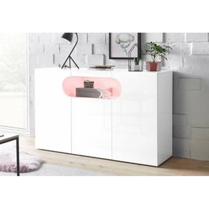 INOSIGN Sideboard Real,Vitrine,Kommode,Schrank,Breite 130 cm komplett hochglanz lackiert, mit 3 Türen davon 2 abgerundet, die ein ovales offenes Fach bilden – Bild 6
