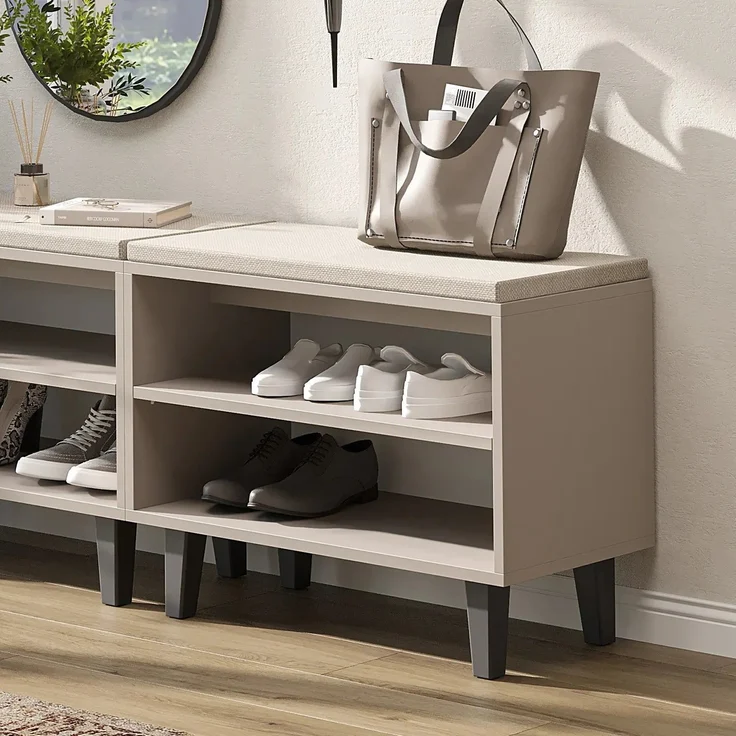 Roomart NORD Sitzbank mit 2 offenen Schuhfächern & Sitzkissen – Schuhbank für Flur & Diele – 73,6 cm – H 53 x B 73.6 x T 35 cm • Beige – Bild 1