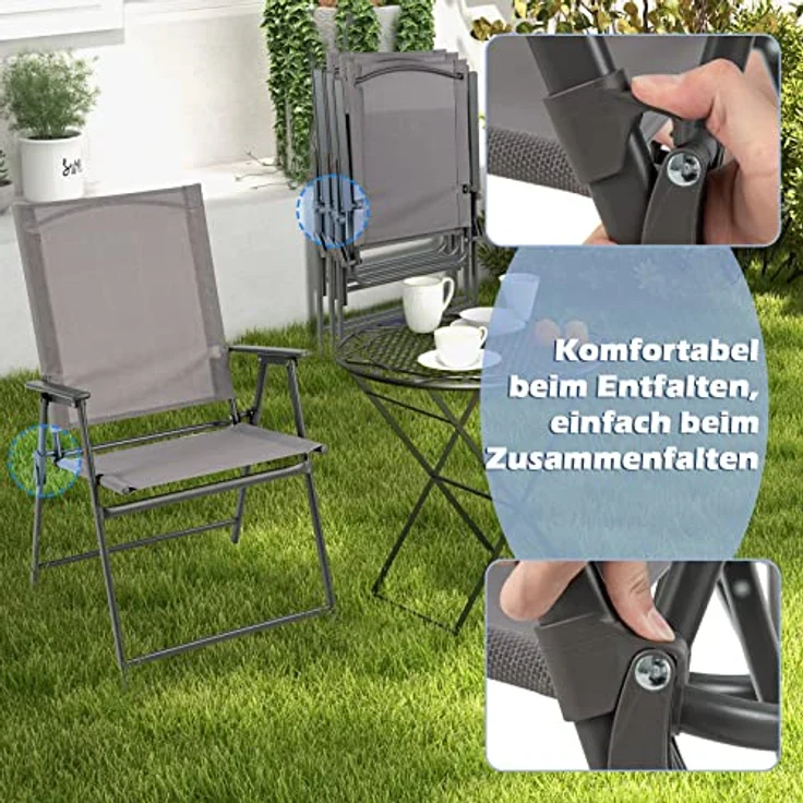 COSTWAY 2er Set Gartenstühle, Hochlehner Klappstühle mit wetterfestem Stoff, Balkonstühle mit Armlehnen, Terrassenstühle bis 150 kg belastbar, für Garten, Terrasse, Balkon, Grau – Bild 5
