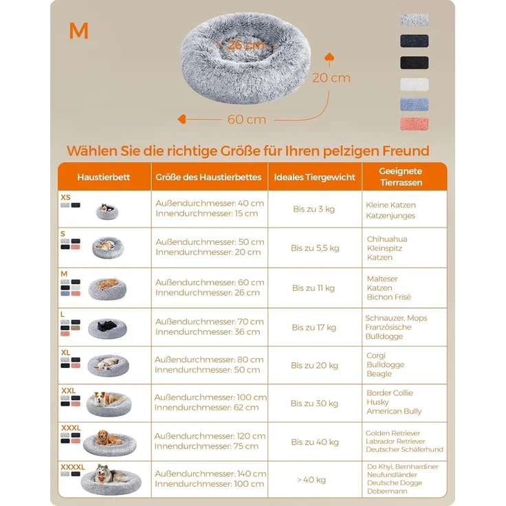 Feandrea Hundebett flauschig, Katzenbett, Donut Kissen, waschbar, Polsterung in der Mitte herausnehmbar, langer Plüsch, 60 cm Durchmesser, Ombré-Grau – Bild 5