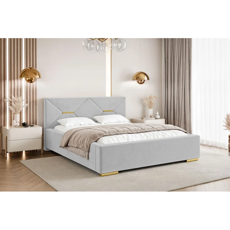 MEBLINI Polsterbett 160x200 mit Lattenrost mit Matratze – LIZZY – Hellgrau Samt – Doppelbett mit Bettkasten - Stauraumbett - Kopfteil Bett mit Stauraum – Bild 1