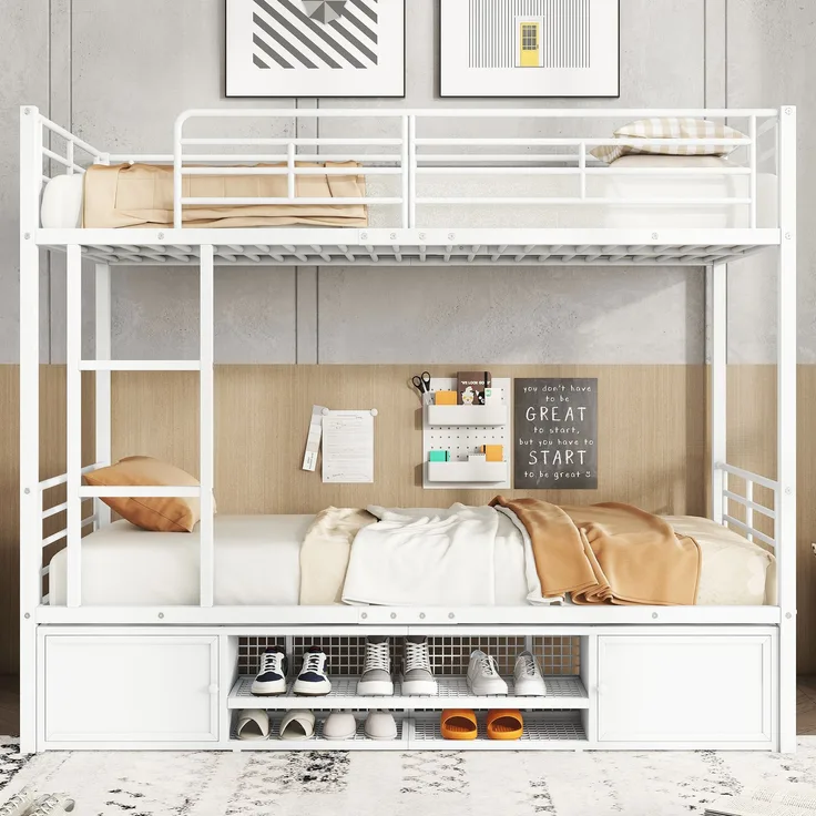 Bett 90x200 cm Etagenbett aus Metall mit Stauraum und Treppe – weißes, robustes Kinder- und Jugendbett