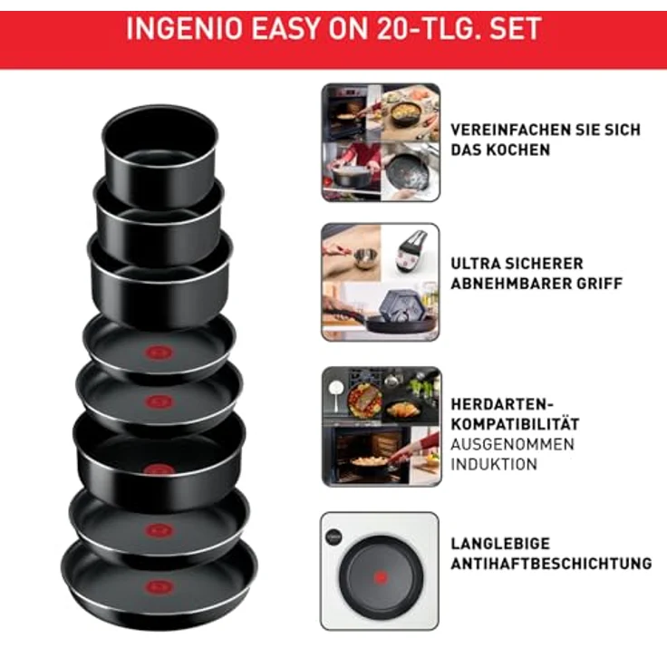 Tefal Ingenio Easy On 20-teiliges Topf und Pfannenset abnehmbarer Griff, stapelbar, platzsparend, Töpfe und Pfannen mit Antihaftversiegelung, einfache Handhabung und Reinigung, L15994 – Bild 4